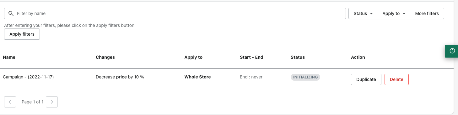 Bulk Price Editor campaign list inside BigCommerce admin